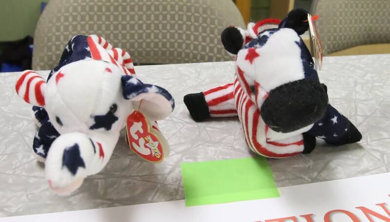 Beanie Babies Lefty the Donkey and Righty the the Elephant welcome voters at Zion United Church of Christ on Tuesday, Nov. 5, 2024 in Peru.