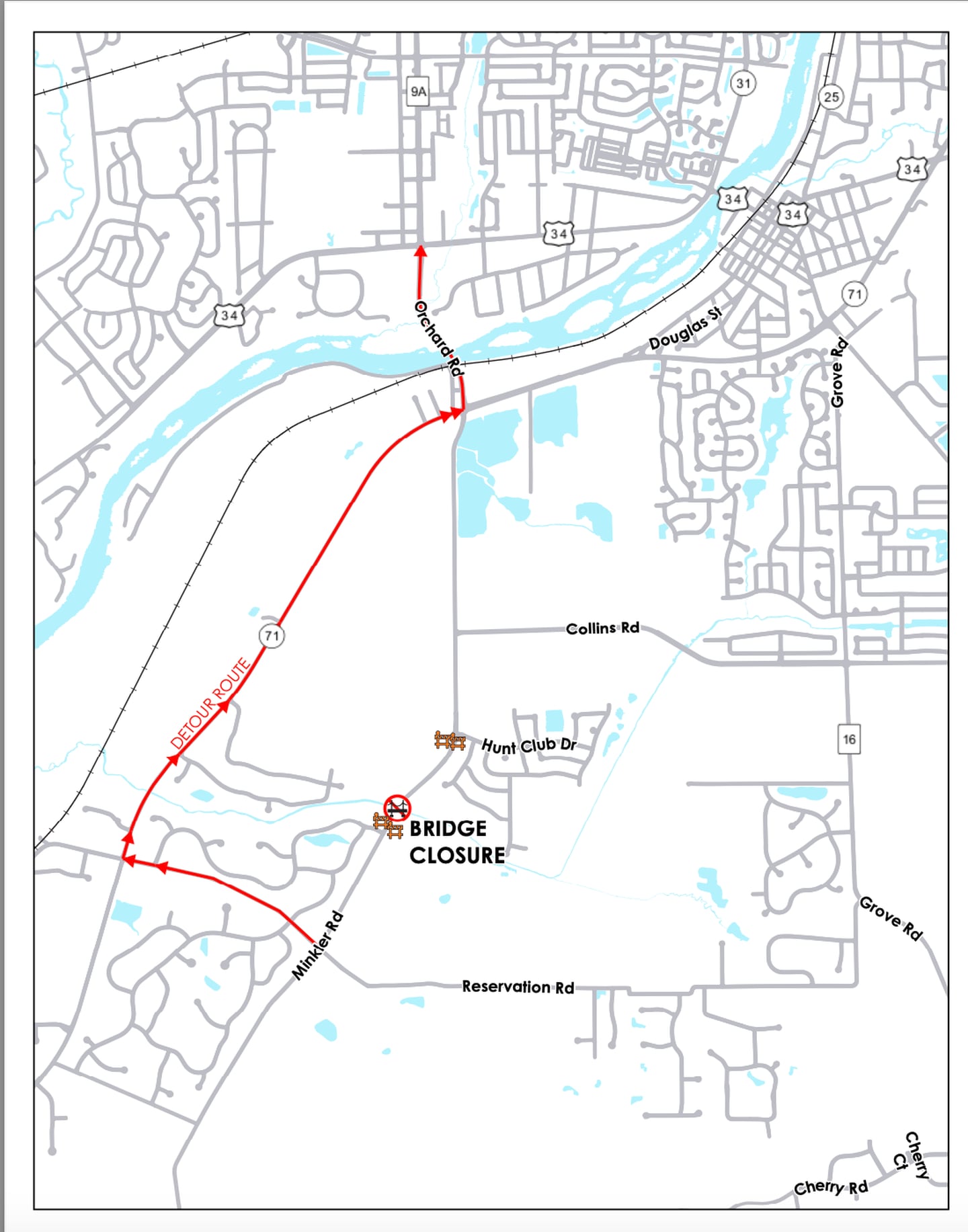 Motorists will have to follow this detour during the replacement of the Minkler Road Bridge in Oswego.