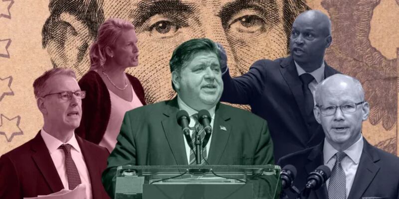 An illustration Tony McCombie, JB Pritzker, Emanuel Watch and Don Harmon.