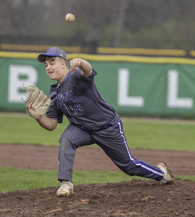 Dixon’s Brady Lawrence fires a pitch against Rock Falls  Thursday, April 9, 2026.