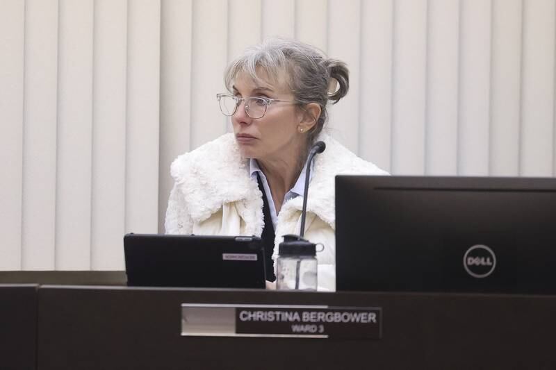 Alderwoman Christina Bergbower, 3rd Ward, listens to another board member at the Lockport City Council meeting on Wednesday, Feb. 7th 2024 in Lockport.