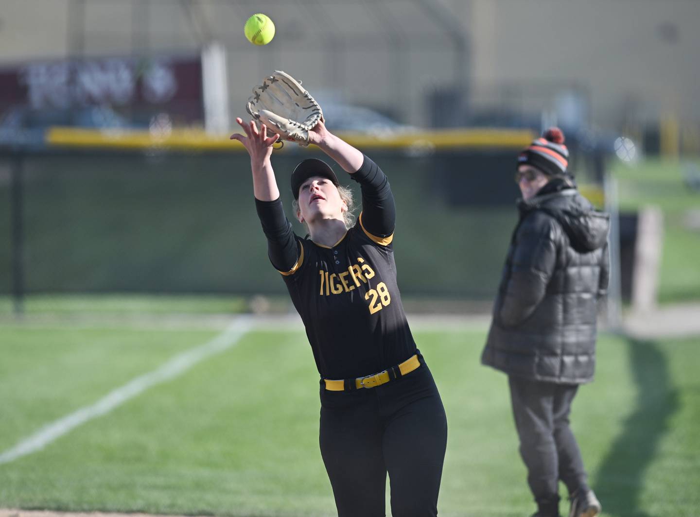 Joliet West's Brooke Schwall makes a catch during the conference game against Minooka on Wednesday, April. 26, 2023, at Joliet.