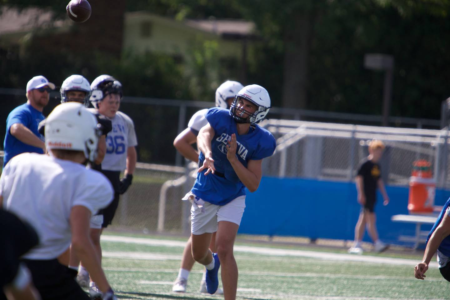 Geneva's Ben Peterson throws the ball off during  drills at practice on Thursday Aug.21,2025 in Geneva..