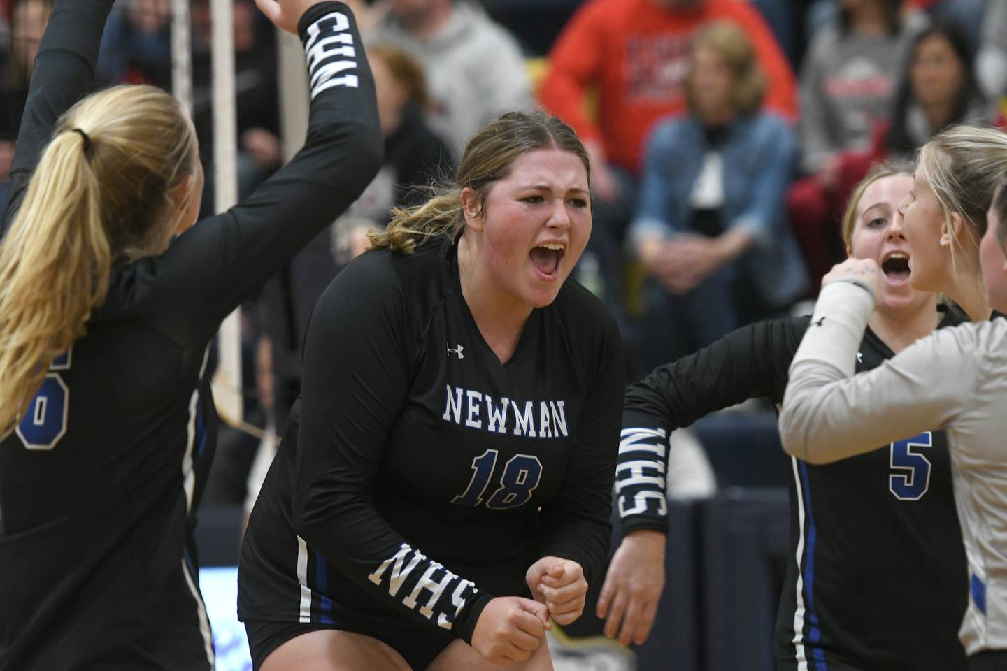 Newman's Kennedy Rowzee reacts after hitting a winner in the third set against Fulton in the championship of the 1A Polo Regional on Thursday, Oct. 27, 2022.