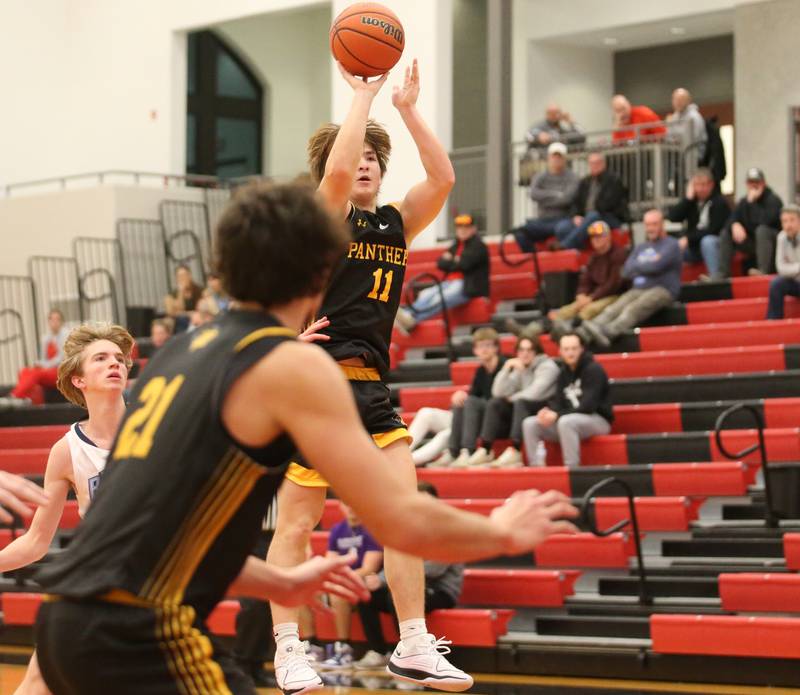 Putnam County's Owen Saepharn shoots a jump shot against Bureau Valley during the 49th annual Colmone Class on Thursday, Dec. 7, 2023 at Hall High School.