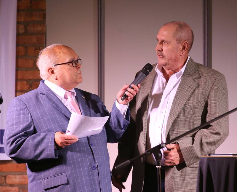 Rick Sipovic interviewes Don Hamel during the Shaw Media Illinois Valley Sports Hall of Fame on Thursday, June 8, 2023 at the Auditorium Ballroom in La Salle. Hamel, is the all-time leading scorer Mendota High School history with 2,158 points.