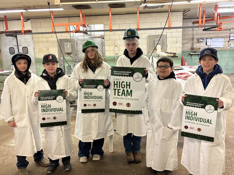 The Marshall-Putnam Junior 4-H Meat Judging team was back at it again on Feb. 8 in Seward for a competition at Eickman’s Meat Processing Company.  The first year team is made up (in particular order) of Raylen Campbell, Hunter Heckman and Carter Keller from the Putnam County Progressors, as well as Maleigha Blunier, Chase Hattan and Cooper Hattan from the Steuben Rangers 4-H club.