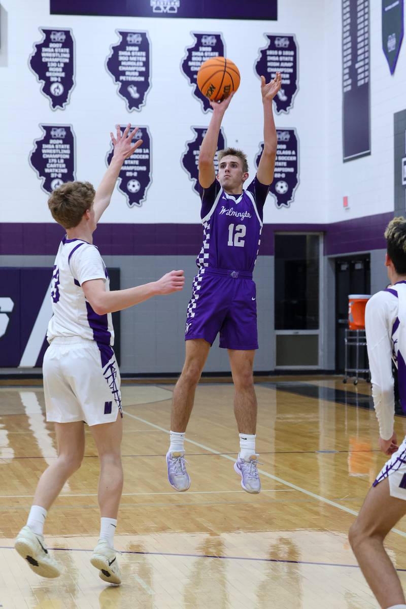 Wilmington's Brysen Meents shoots a 3-pointer during Wilmington's 60-35 victory over Manteno on Tuesday, Feb. 17, 2026.