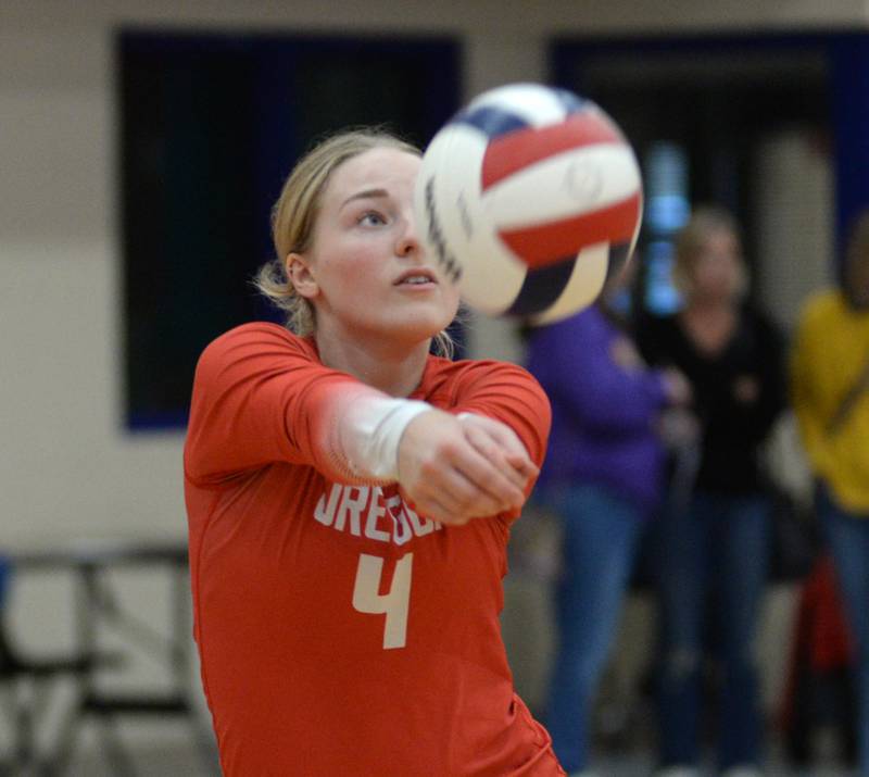Oregon's Shaylee Davis digs a serve at the Oregon Varsity Girls Volleyball Tournament on Friday, Sept. 5, 2025 at the Blackhawk Center in Oregon.