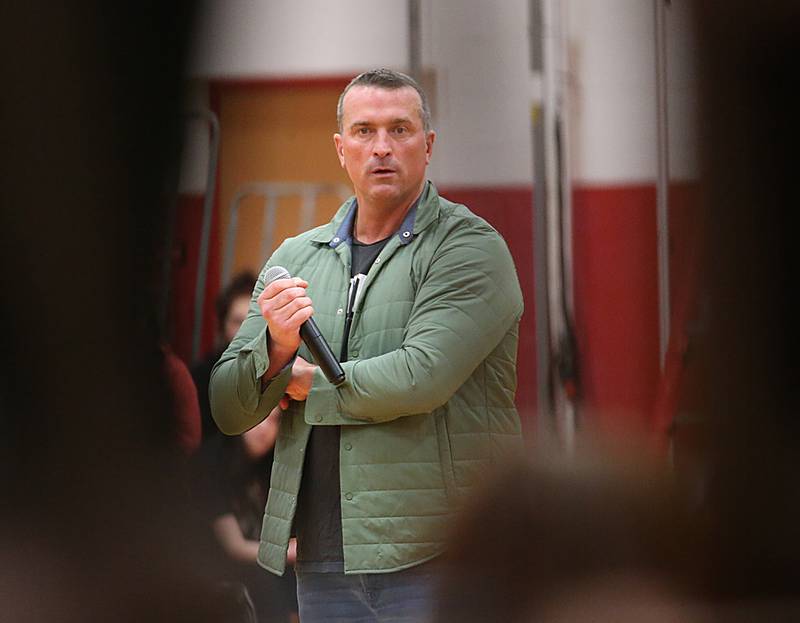 Former NBA player and motivational speaker Chris Herrin talks to Woodland and Streator students on Wednesday, March 1, 2023 at Streator High School. Herrin battled substance abuse during his time as a college basketball player, international leagues and in the NBA.