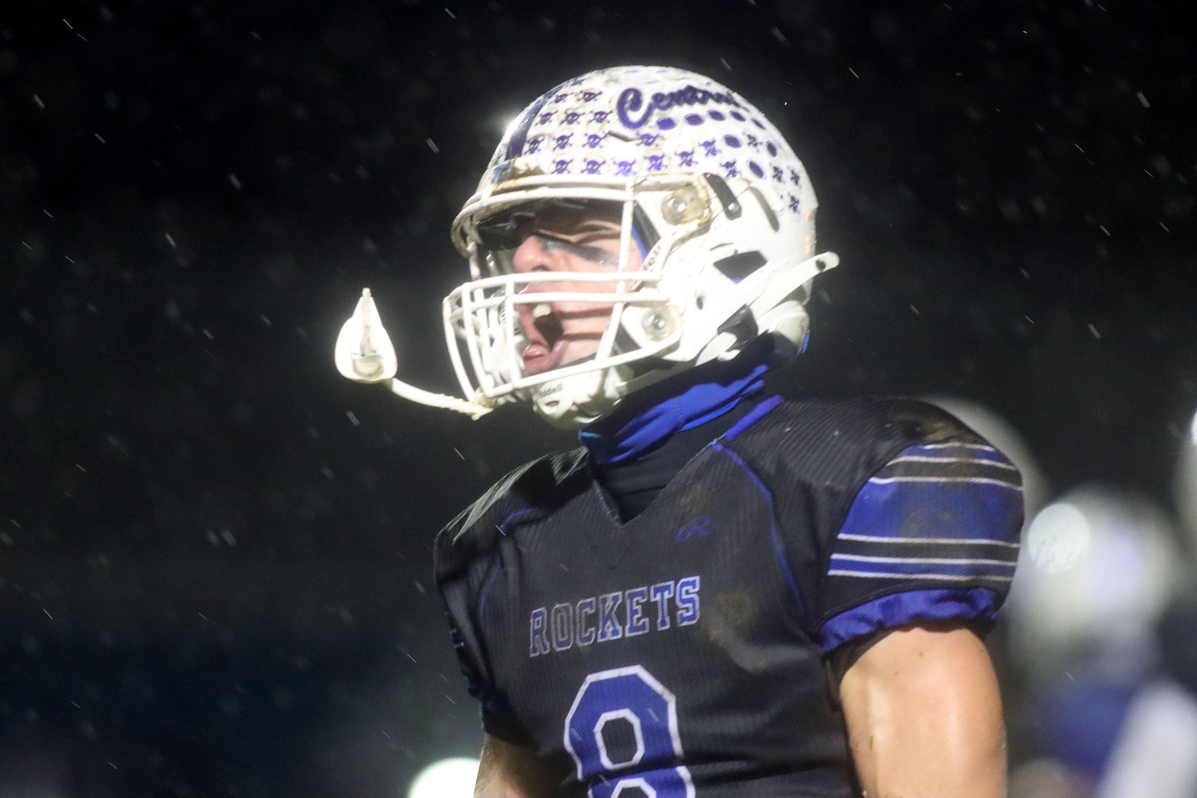 Burlington Central’s Tyler McGladdery reacts after scoring his second of two touchdowns against Harlem in IHSA football Class 6A second-round playoff action Saturday, Nov. 8, 2025, at Central High School in Burlington.