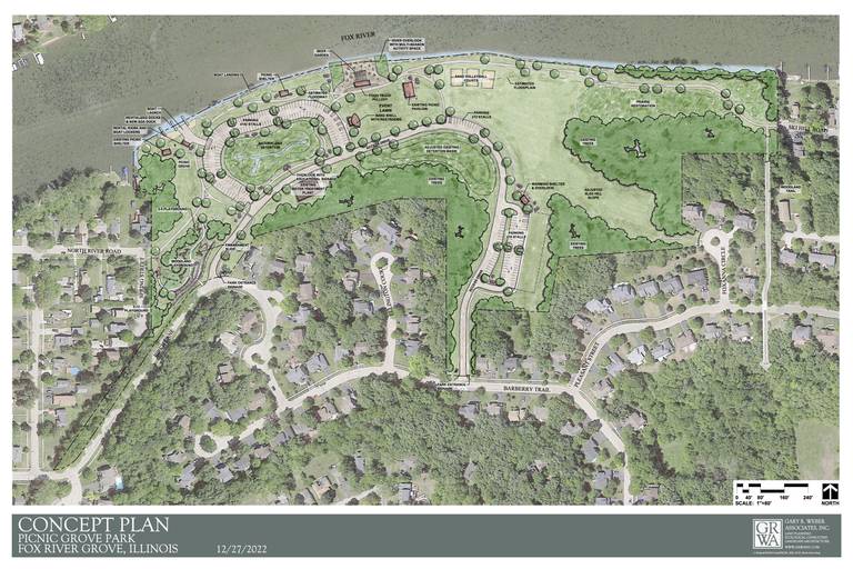 Preliminary renderings for updates to Lions and Picnic Grove Park in Fox River Grove were prepared by Gary R. Weber Associates, Inc., and shown to the board of trustees at their meeting on Tuesday, Feb. 7, 2023.
