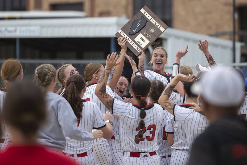 Fulton celebrates their 9-5 win over Morrison Friday, May 22, 2026, at the Class 1A softball regional at Newman High School.