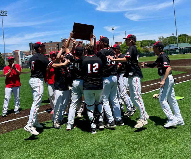 The Henry-Senachwine baseball team celebrates after defeating Heyworth 6-1 in the Class 1A Illinois Wesleyan University Sectional championship Saturday in Bloomington.
