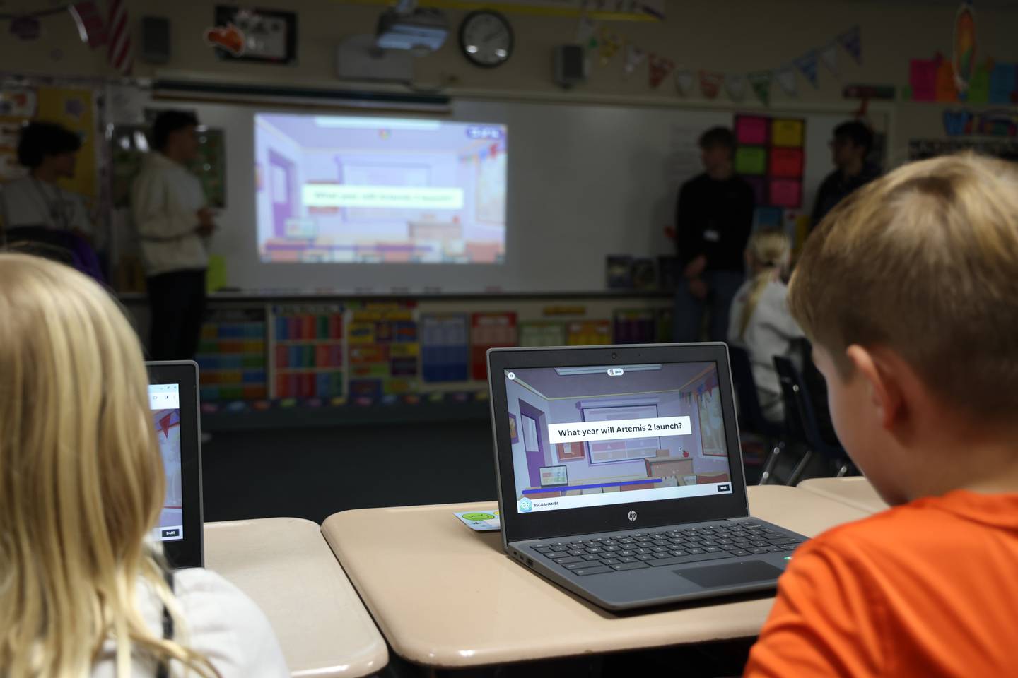 Third graders from Martin Elementary School in Lake in the Hills participate in a Kahoot quiz during a NASA app challenge presentation Nov. 14, 2024.