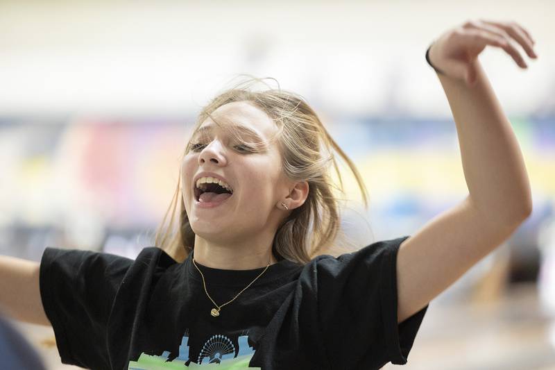 Aubree Celestino celebrates a successful roll Tuesday, Jan. 28, 2025, during the St. Mary’s School field trip to Blackhawk Lanes.