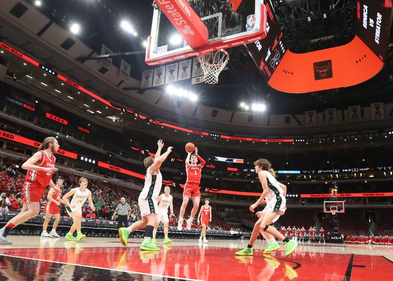 Streator's Cade Peterson shoots a jump shot against Seneca during a game on Tuesday, Dec. 21, 2023 at the United Center in Chicago.
