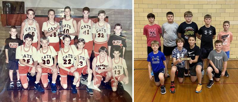 John Blake was a manager for his dad’s (Tom) Neponset Bobcats when they won the last their BVEC seventh-grade championship in 1992 (at left). Thirty one years later, Blake coached Neponset’s next BVEC seventh-grade champions (right). They also finished 13-1 atop the league this season.