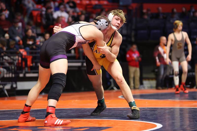 Riverdale’s Alex Watson makes a move against Oakwood’s Joe Lashuay in the Class 1A 160lb. semifinals at State Farm Center in Champaign. Friday, Feb. 18, 2022, in Champaign.