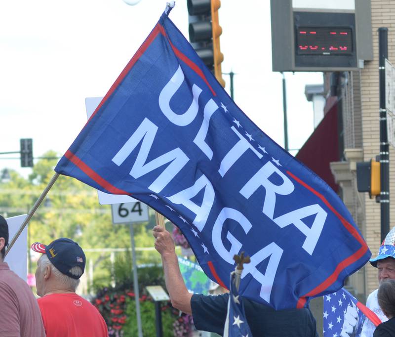 This was one of the flags displayed at the "Workers Over Billionaires" rally in downtown Oregon on Monday, Sept. 1, 2025. Monday's event also included signs and flags critical of Trump and his policies.