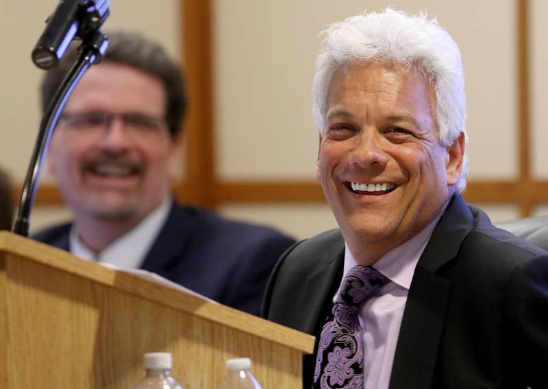 McHenry County Board Chairman Jack Franks reacts to public comment April 16. 2019, during a McHenry County Board meeting at the McHenry County Administrative Building in Woodstock.