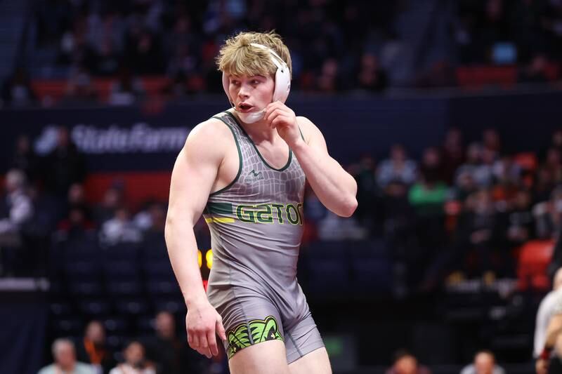 Crystal Lake South’s Shane Moran waits for the match to resume against Fenwick’s Conor Paris in the Class 2A 182lb. semifinals at State Farm Center in Champaign. Friday, Feb. 18, 2022, in Champaign.