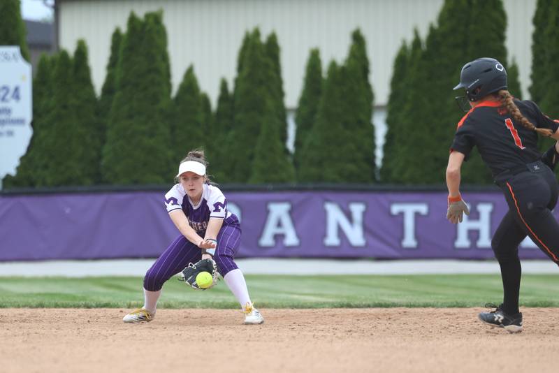 Manteno's Sophia Peterson fields a grounder for an out at second during Beecher's 14-6 victory over Manteno in the Class 2A Manteno Regional championship on Friday, May 22, 2026.