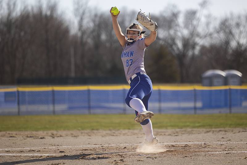 Newman’s Jess Johns winds up for a pitch against Forreston Monday, March 11, 2024.