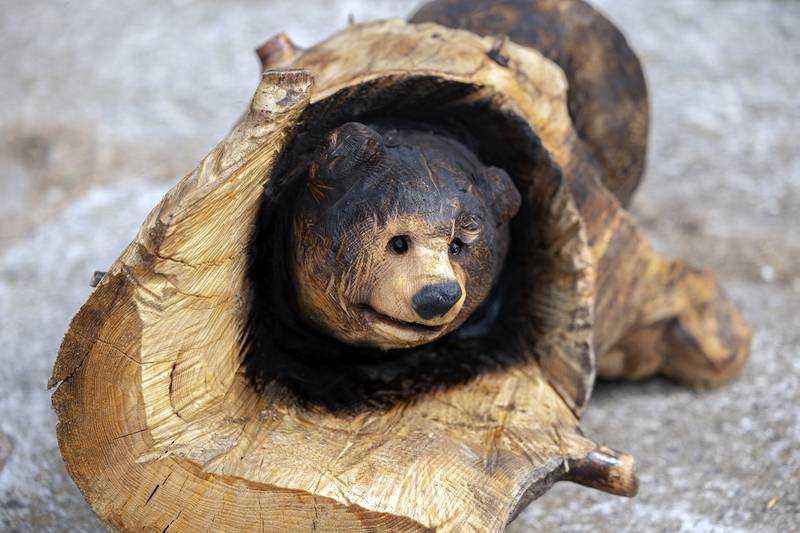 A whimsical bear pokes his head out of log Wednesday, August 6, 2025, as seen in a work of chainsaw art by Joe Stebbing at the Carroll County Fair.