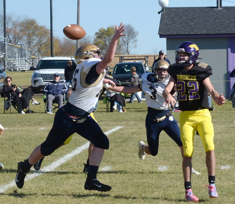 Polo's Wyatt Plachno (75) deflects a pass against Orangeville on Saturday, Oct. 26, 2024 at Orangeville.