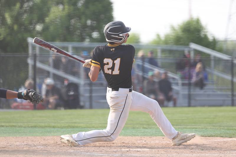 Hinsdale South’s Nathaniel Fundator connects for a single against Lemont on Wednesday, May 24, 2023, in Lemont.