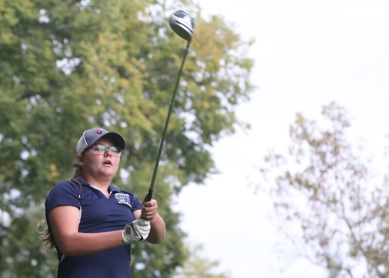 Bureau Valley's Michaela Noder tees off during the Class 1A Regional golf meet on Thursday, Sept. 28, 2023 at Spring Creek Golf Course in Spring Valley.