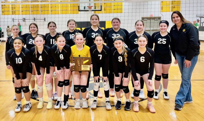 Putnam County defeated Wethersfield 25-17, 25-10 to capture the Class 2A 7th grade regional championship on its home court on Thursday.  The Pumas (18-5) will play host Peoria Christian (24-0) at 6:30 p.m. Monday for the sectional championship. Peoria Christian beat host Mossville 25-23, 25-12 for its regional title. Team members are (front row, from left) Anahi Avala, Jaylynn Dickey, Lillian Bouxsein, Jolene Pool, Natalie Guadiana, Anni Judd and Chloe Christensen; and (back row) Mylee Christensen, Ari McMullen, Savannah Grasser, Avery Lenkaitis, Kenzie Pierski, Izzy Bartoluzzi, Bella Sondgeroth, Murphy Hopkins and coach Shannon Jenkins.
