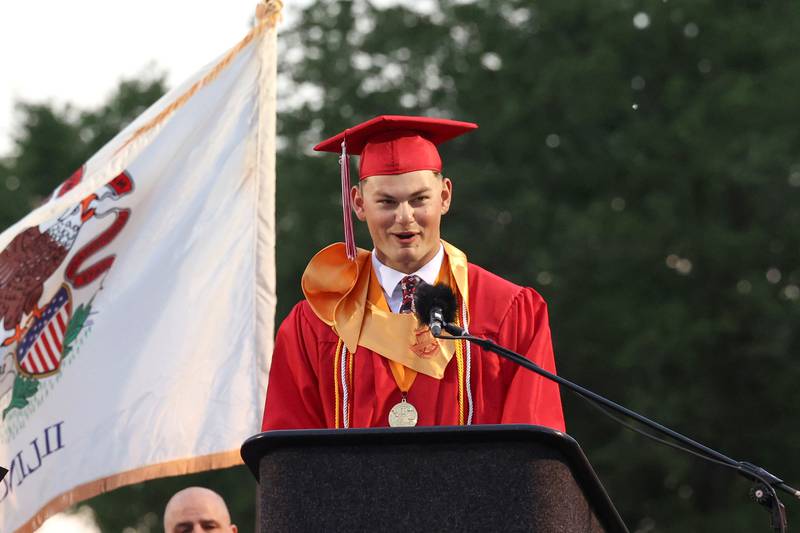 Calvin Kohl speaks to his classmates during the Bradley-Bourbonnais Community High School commencement ceremony on Thursday, May 21, 2026.