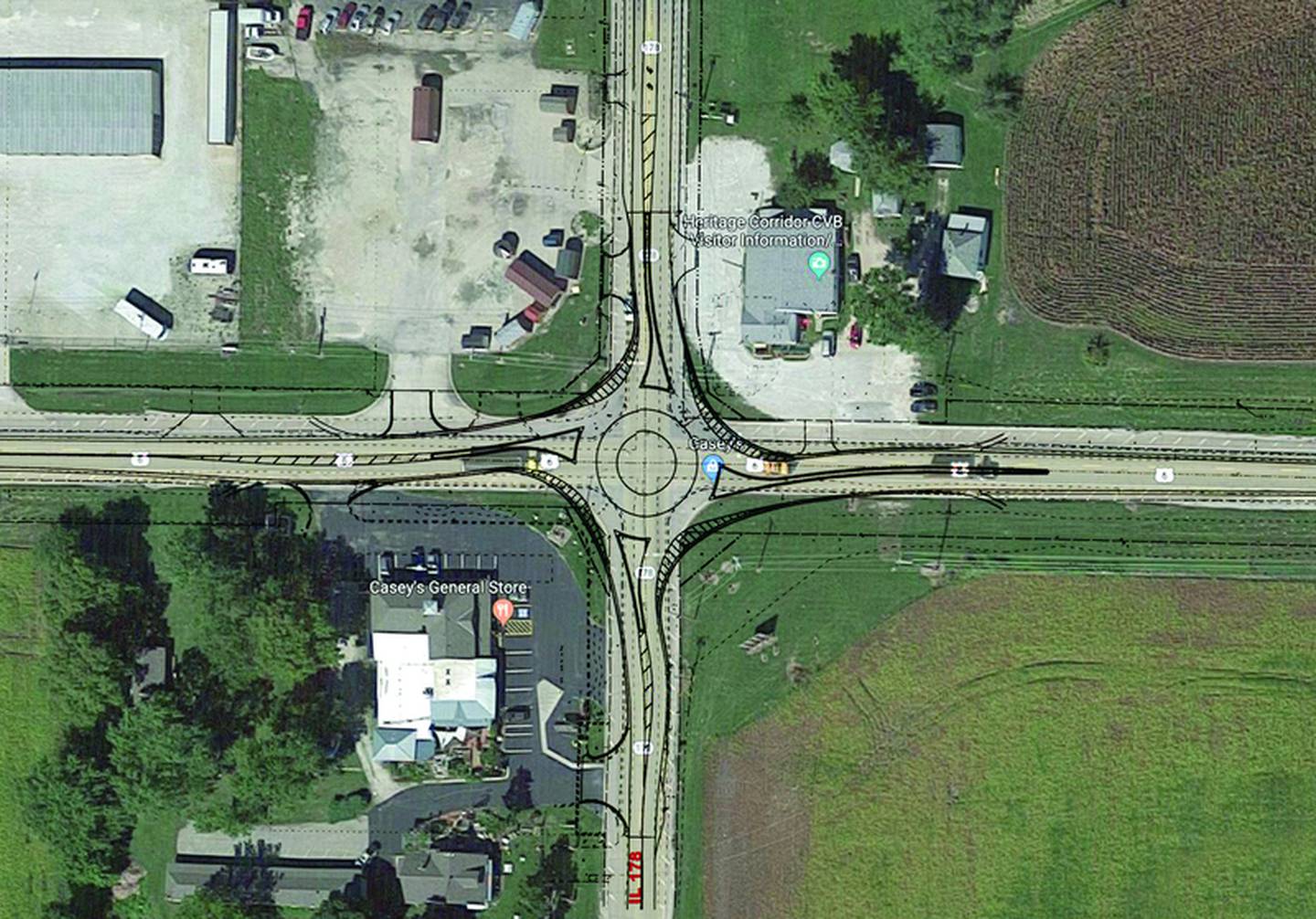 Utica officials are clear: The proposed roundabout will be big enough to handle large vehicles and 18-wheelers. This graphic shows IDOT’s design (in dark black lines) overlaying a satellite image of the four corners. The roundabout is a project of the Illinois Department of Transportation but the village has given its OK because a long-term traffic solution at the junction of U.S. 6 and Route 178 has been a key objective in Utica’s comprehensive plan.
