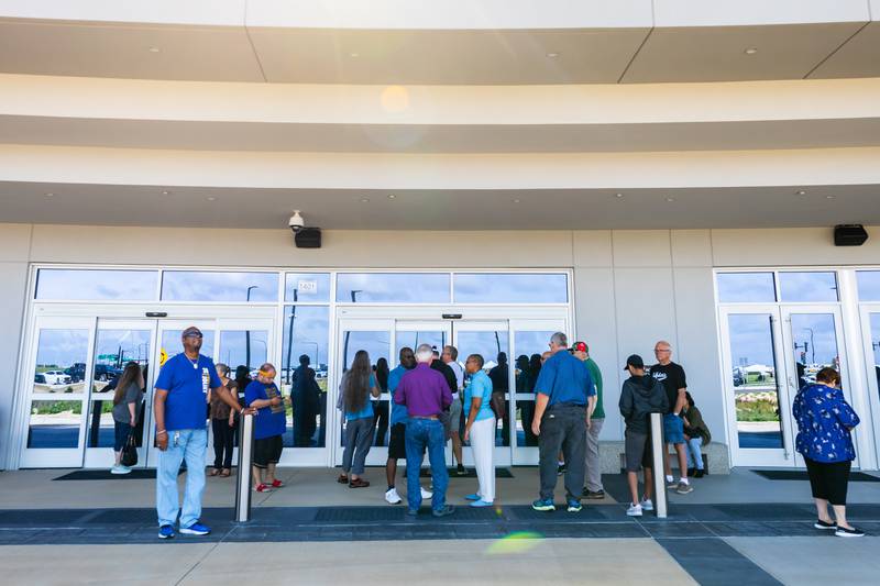 Future casino patrons wait outside Hollywood Casino Joliet, located at 1401 Gateway Blvd., before its Grand Opening Ceremony on Aug. 11, 2025.