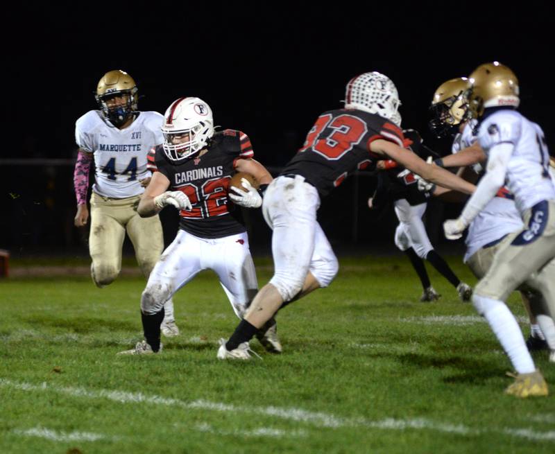 Forreston's Kaleb Sanders runs with the ball during 1A football playoff action against Ottawa Marquette on Friday, Oct.27, 2023 at Forreston High School.