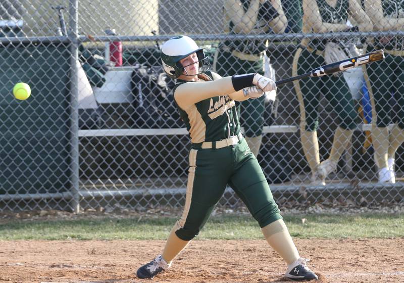 St. Bede's Tessa Dugosh strikes out swinging against Riverdale on Monday, March 20, 2023 at St. Bede Academy.