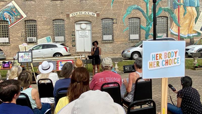 Congresswoman Lauren Underwood, D-Naperville, speaks to a crowd gathered in downtown DeKalb on Saturday, June 22, 2024, for a Rally for Reproductive Rights. Organizers said the event was held to mark two years since the U.S. Supreme Court overturned federal protections for abortion access, and to help mobilize voters to support pro-abortion candidates ahead of the November election.