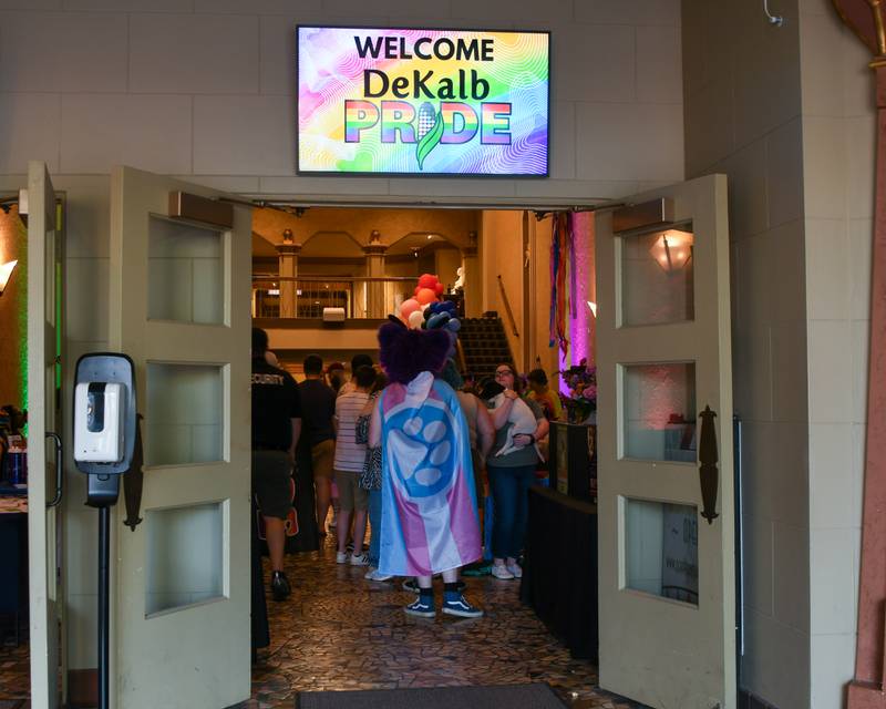 A screen in the foyer of the Egyptian Theater, 135 N. Second St. in DeKalb, welcomes the DeKalb Pride Fest goers during the event downtown on Thursday, June 22, 2023.