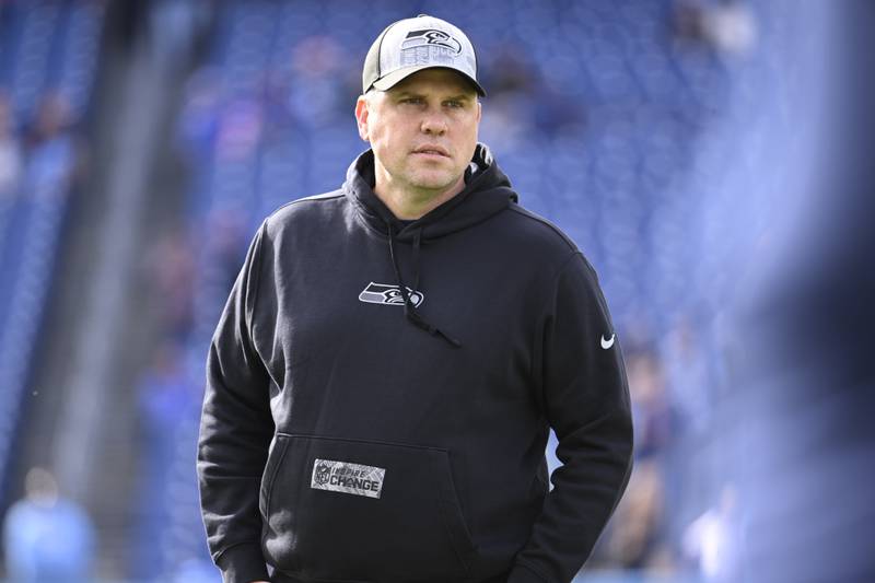 Seattle Seahawks offensive coordinator Shane Waldron before an NFL football game against the Tennessee Titans Sunday, Dec. 24, 2023, in Nashville, Tenn.