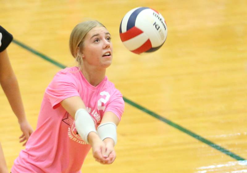 Ottawa's libero Kendall Biba returns a serve from L-P during Volley for a Cure night on Tuesday, Oct. 1, 2024 at AJ Sellett Gymnasium.