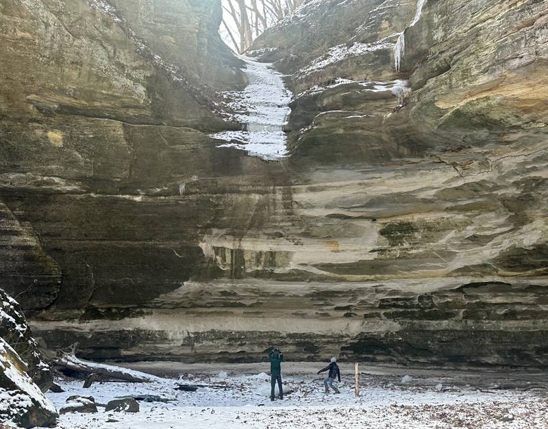 A view of a dried-up waterfall inside Ottawa Canyon on Wednesday, Feb. 4, 2026 at Starved Rock State Park. Despite colder-than-average temperatures this winter, a lack of precipitation rendered the ice climbing season virtually nonexistent.