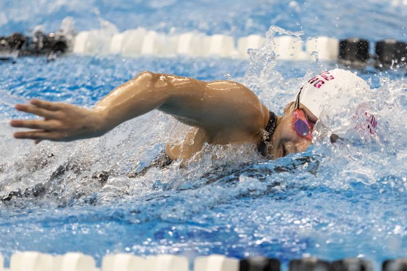 Plainfield’s Mia Ceballos competes in the 100 Yard Freestyle during the IHSA Girls State Swimming Preliminaries at FMC Natatorium in Westmont on Nov. 14, 2025.