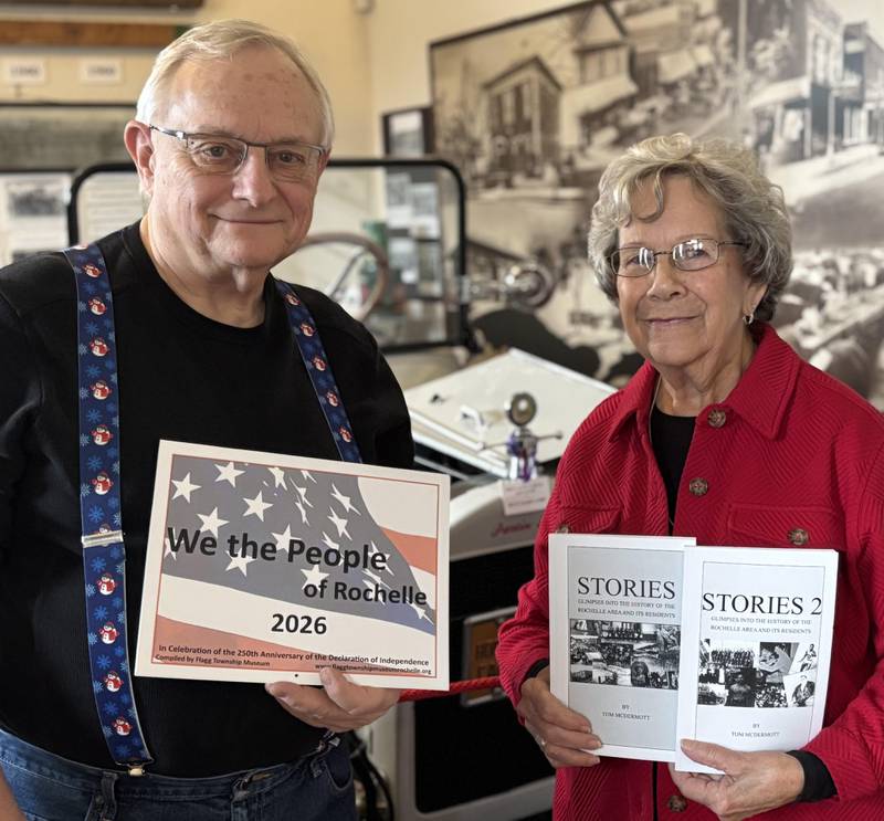 Pictured are newly-elected Board President Terry Dickow and Immediate Past President Janet Stewart holding the museum’s 2026 We the People of Rochelle calendar and copies of STORIES and STORIES 2 by Tom McDermott that are available for purchase at the museum.