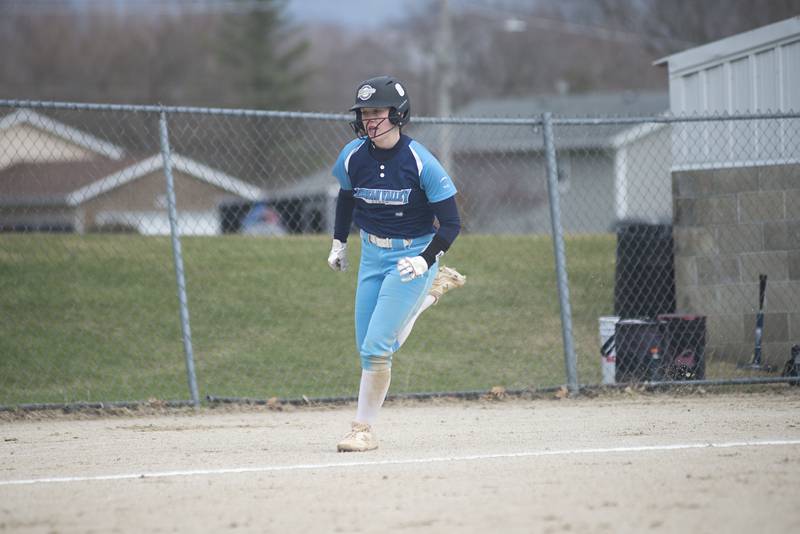 Bureau Valley's Lesleigh Maynard heads home for the first run of the game Wednesday, April 6, 2022 against Newman.