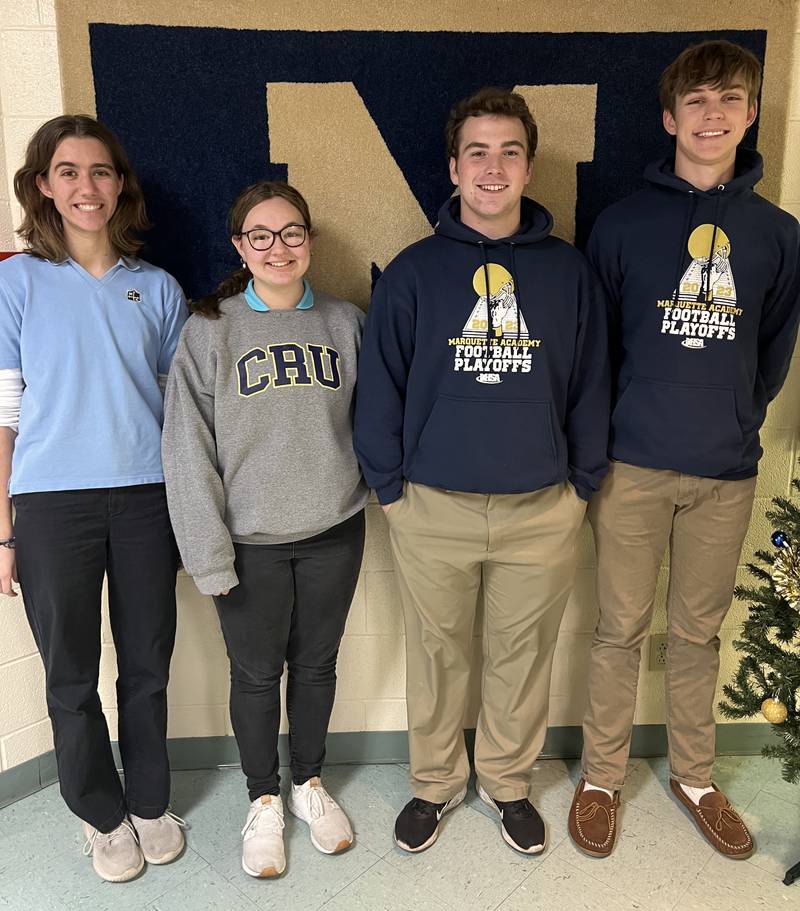 Illinois State Scholars for Marquette Academy are Mary Jo Lechtenberg, Jenna Gamons, Stefen Swords and Charlie Mullen. Not pictured is Aislinn Aussem.