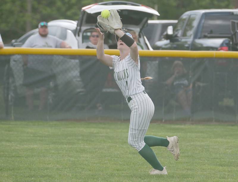 St. Bede's Sadie Leffelman makes a catch on the run against Seneca on Monday, May 12, 2025 at St. Bede Academy.