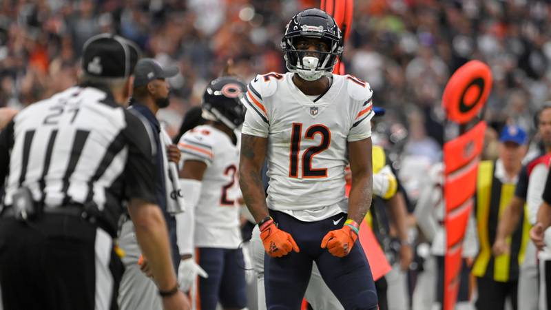 Chicago Bears wide receiver Allen Robinson (12) celebrates after making a catch against the Las Vegas Raiders during the first half of an NFL football game, Sunday, Oct. 10, 2021, in Las Vegas.