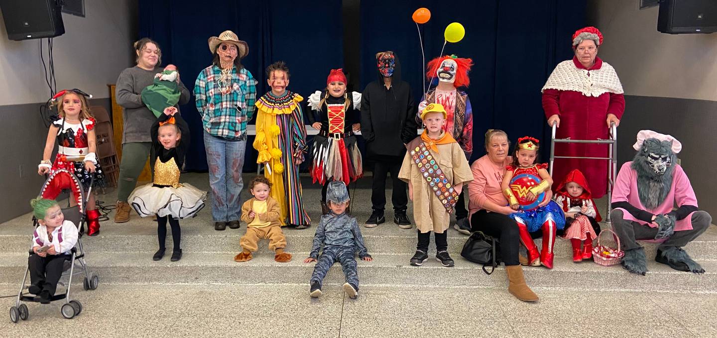 The winners of the annual Rock Falls Halloween that was held Sunday, Oct. 30, are (front row, left to right): Linken Perales, Hazel Perales, Mary Lynne McAdams, Noah Gutierrez, Hayden Baker, Ryder Sondgeroth, Lola Perales, Olivia Baldwin, and Brayden Williamsen. (Second row): Olivia Thayer, Emma Rumley, Kayden Fargher, Amalya Fargher, Dreaven Schick, Trevor Fargher, and Lori McLindsay. The winners of the "Best of Show" category are: first place, Olivia Baldwin, Brayden Williamsen, and Lori McLindsay. Emma Rumley finished second, and Linken Perales finished third. All contestants received a bag of Halloween candy and prize money for participating.